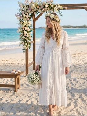 Anthropologie White Boho Dress Size 8 Lace Cotton Maxi Beach Wedding Bridal